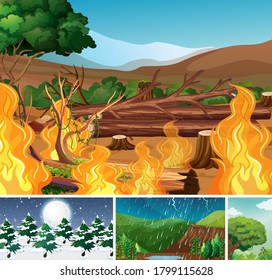 Cuatro diferentes escenarios de los desastres naturales en el bosque en diferentes temporadas ilustración estilo caricatura