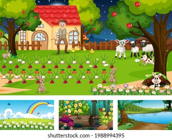Four different nature horizontal scene with animals illustration
