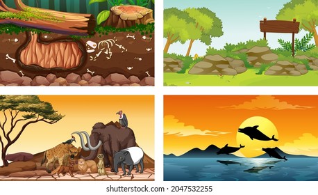 Four different nature horizontal scene illustration