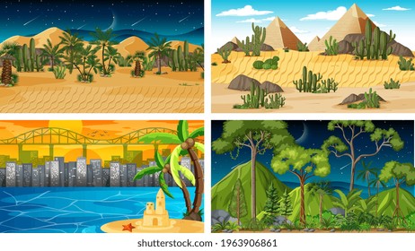 Four different nature horizontal scenes illustration
