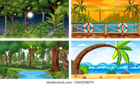 Four different nature horizontal scenes illustration