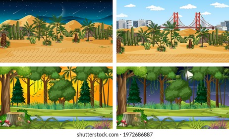Four different nature horizontal scenes illustration