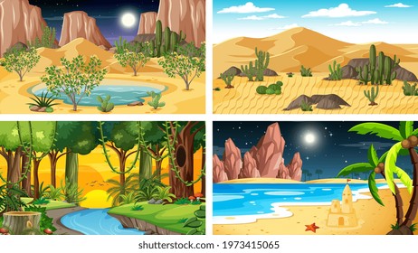 Four different nature horizontal scenes illustration