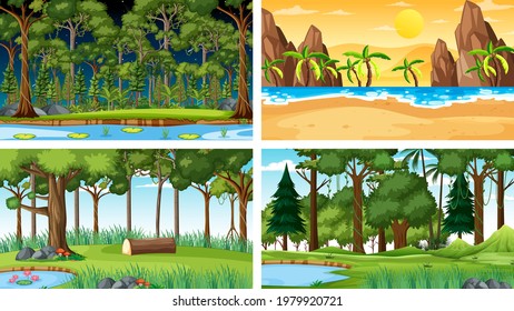 Four different nature horizontal scenes illustration