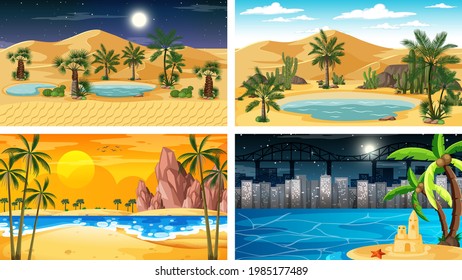 Four different nature horizontal scenes illustration
