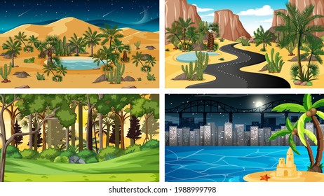 Four different nature horizontal scenes illustration