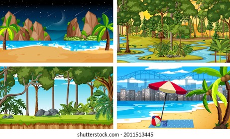 Four different nature horizontal scenes illustration