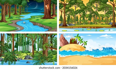 Four different nature horizontal scenes illustration