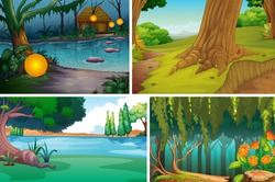 Four Different Nature Scene Of Forest And River Cartoon Style Illustration