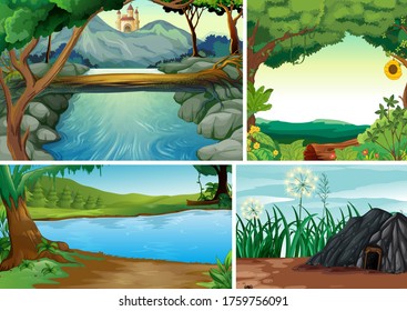 Four different nature scene of forest and river cartoon style illustration