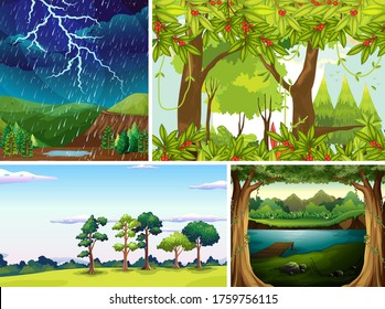 Four different nature scene of forest and swamp cartoon style illustration