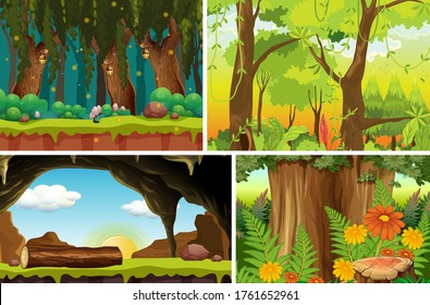 Four different nature scene of forest cartoon style illustration