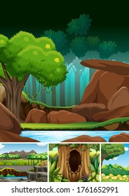Cuatro escenas de naturaleza diferentes de la ilustración del estilo de dibujos animados forestales