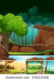 Four different nature scene of forest cartoon style illustration
