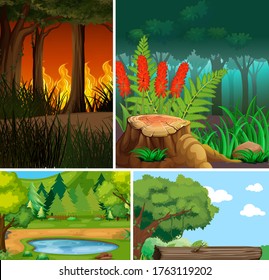 Four different nature scene of forest cartoon style and nature disasters illustration