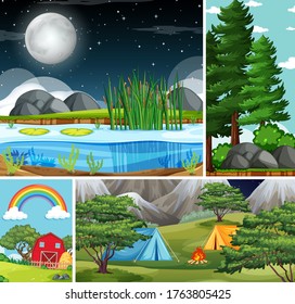 Four different nature scene of forest and camping cartoon style illustration