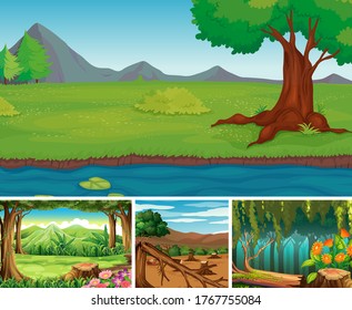 Four different nature scene of forest cartoon style illustration