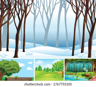 Cuatro escenas de naturaleza diferentes de la ilustración del estilo de dibujos animados forestales