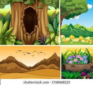 Quatro diferentes cenas da natureza da ilustração do estilo dos desenhos animados da floresta e da montanha