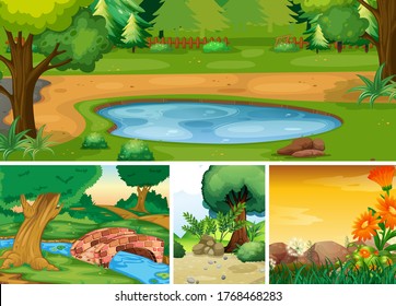 Cuatro escenas de naturaleza diferentes del bosque y el pantano ilustraciones de dibujos animados