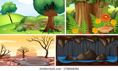 Cuatro escenas de naturaleza diferentes del bosque y la caverna ilustración de estilo de dibujos animados