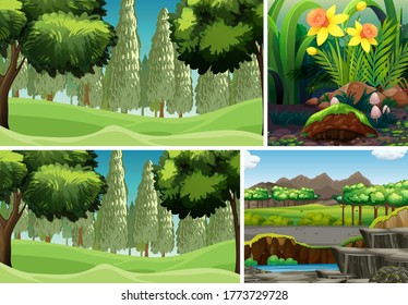 Four different nature scene of forest and swamp cartoon style illustration