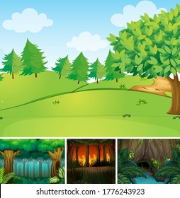 Four different nature scene of forest and swamp cartoon style illustration