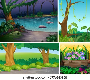Four different nature scene of forest and swamp cartoon style illustration
