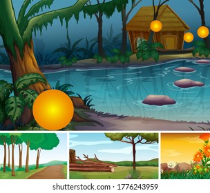 Vier verschiedene Naturschauplätze im Stil von Wald- und Sumpfcartoon