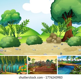 Four different nature scene of forest and river cartoon style illustration