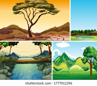 Quatro diferentes cenas da natureza da ilustração do estilo dos desenhos animados da floresta e rio