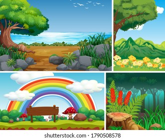 Four different nature scene of forest and wonderful garden cartoon style illustration