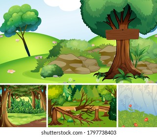 Four different nature scene of forest cartoon style illustration