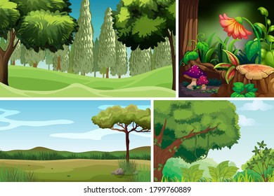 Four different nature scene of forest cartoon style illustration