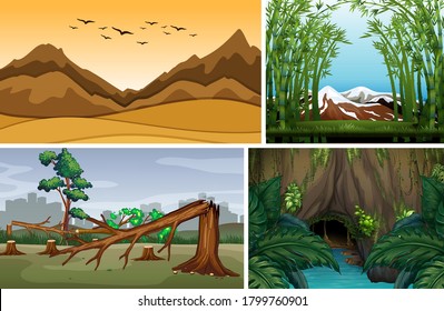Four different nature scene of forest cartoon style illustration