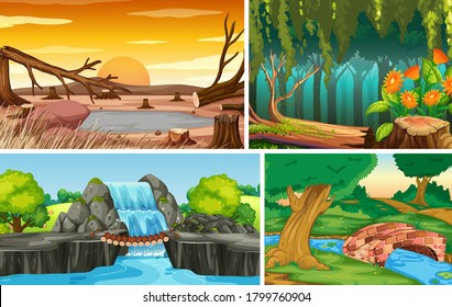 Four different nature scene of forest and water fall cartoon style illustration