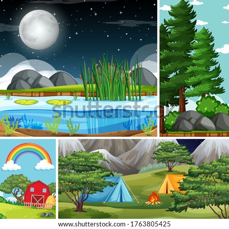 Four different nature scene of forest and camping cartoon style illustration
