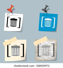 Four different notes and trashcan and brackets
