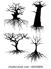 Four different Old tree Silhouettes with roots