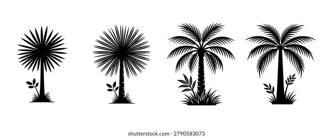 Four different palm tree silhouettes with leaves and grass on white background