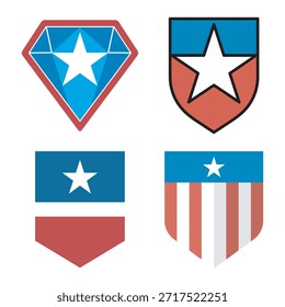 Cuatro emblemas patrióticos diferentes con estrellas y rayas en rojo, blanco y azul