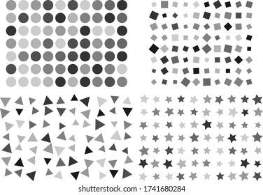 four different patterns in random size, color and rotation angle