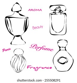 Four different perfume bottles. Set of hand-drawn sketch cosmetic products.
