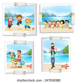 Four different pictures at the beach on a white background