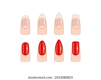 Four different pictures of a fingernail with a red tip. The first picture shows a fingernail with a red tip and a white background