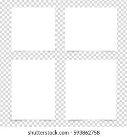 Four different pieces blank sheet of white paper with shadow. Set of sticky note on a transparent background. Ready for your design. Vector illustration, eps10