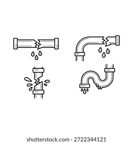 Vier verschiedene Illustrationen für Rohrlecks mit Wassertropfen