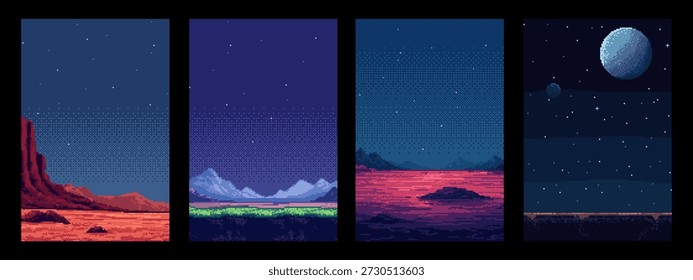 Four different pixel art space landscapes with alien planets and starry night sky backdrop views. Retro game background concept