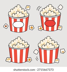 Cuatro cubos de palomitas diferentes. Cada cubo es de rayas rojas y blancas, pero ligeramente diferentes en forma y estilo. Lleno de palomitas de maíz.