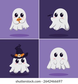 Four different poses of a cute cartoon ghost. Each ghost is depicted with large eyes, a friendly expression, and a simple design.  One ghost holds a pumpkin, another is wearing a witch's hat, 
